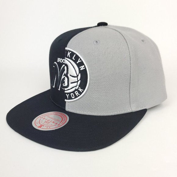 Brooklyn Nets Mitchell & Ness NBA Snapback Hat Split 3D Logo Black Gray Cap NWT - Picture 7 of 8